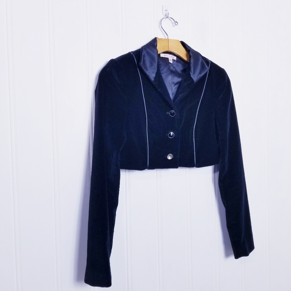 Alice + Olivia Jacket XS Cropped Velvet Rhinestone Button Leather Trim Black Y2K